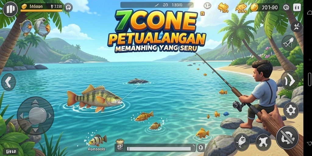 Screenshot gameplay <strong>7CONE</strong> yang menampilkan aktivitas memancing yang seru.