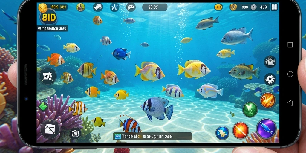 Menampilkan aksi seru dalam game Tembak Ikan 8ID.