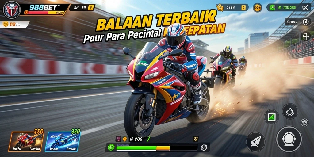 Gameplay seru 988BET dengan berbagai trek dan motor balap.