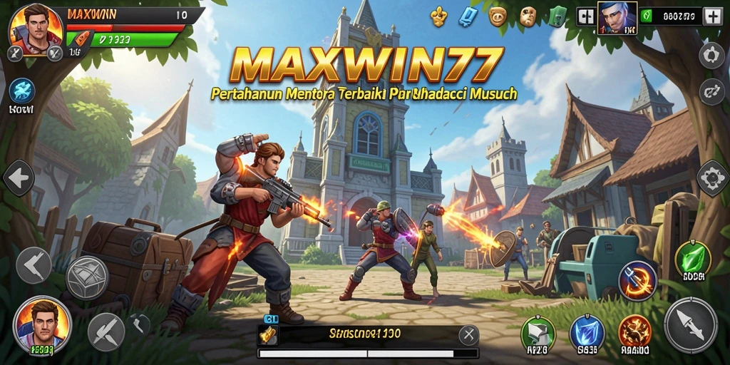 Screenshot utama MAXWIN77 menampilkan pertempuran Tower Defense yang intens.