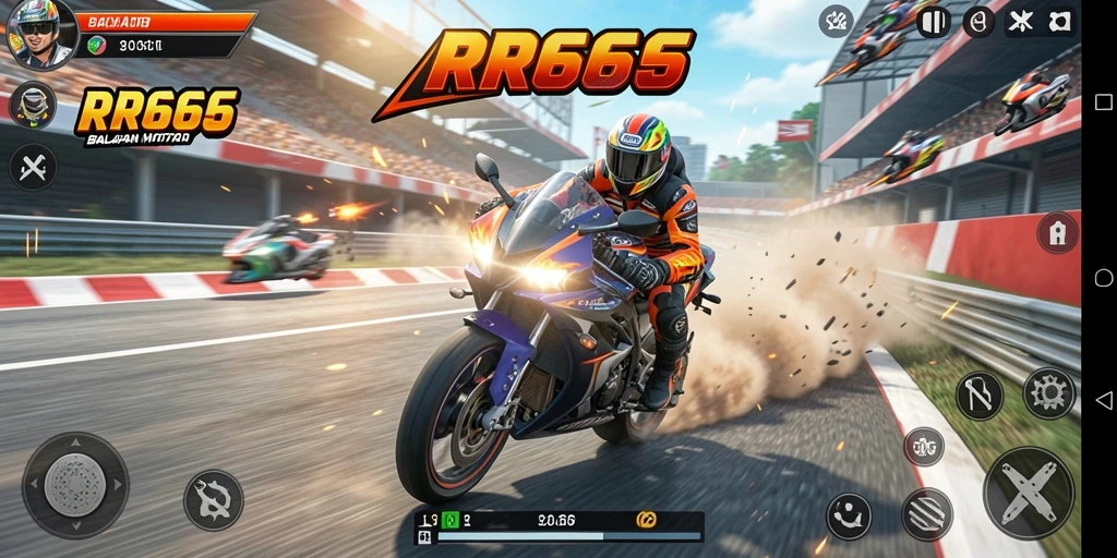 Screenshot gameplay RR666 yang menampilkan balapan motor yang mendebarkan.